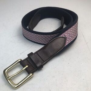 Vineyard Vines Canvas Club Belt Brown Leather Embossed Whale Pink Whale Sz 32
